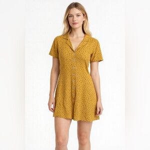 Madewell Kacie Mustard Yellow Floral Linen Blend Mini Shirtdress